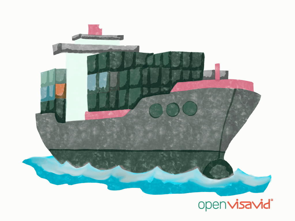 Ein stilisiertes Containerschiff mit grauem Rumpf und gestapelten grünen Containern fährt auf blauem, welligem Meer; rosa Deckakzente und drei runde Bullaugen vorn betonen die Illustration. Unten rechts das Logo von openVisavid.