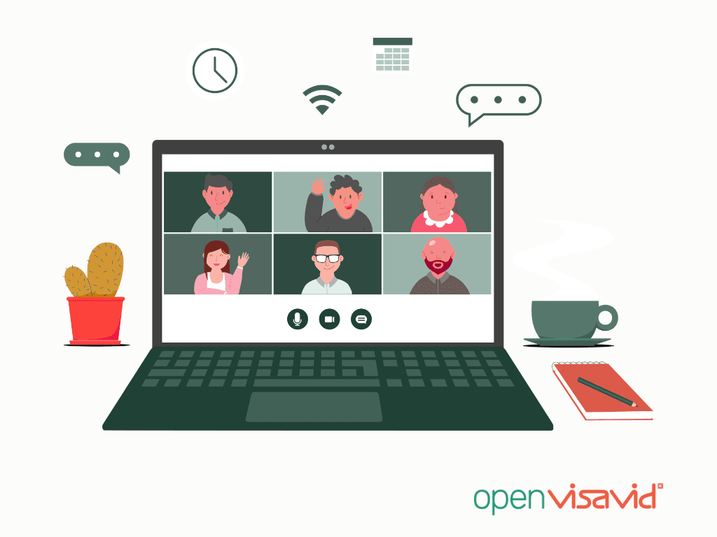 Virtuelle Videokonferenz: Laptop zeigt sechs Teilnehmer in Kachelansicht; daneben Kaktus, dampfende Kaffeetasse sowie Notizbuch mit Stift; Sprechblasen-, WLAN-, Uhr- und Kalendersymbole über dem Bildschirm. Unten rechts im Bild das Logo von openVisavid.
