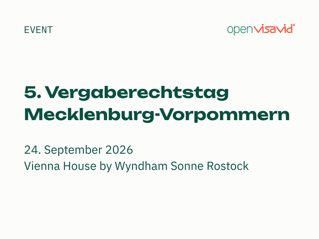 Ankündigung des 5. Vergaberechtstags Mecklenburg‑Vorpommern am 24. September 2026 im Vienna House by Wyndham Sonne Rostock; weißes Layout mit großem grünen Titeltext und openVisavid‑Logo oben rechts.