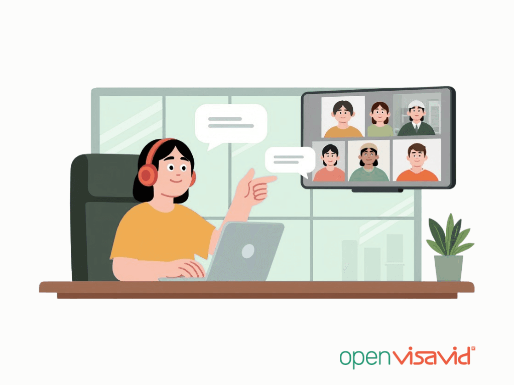 Person mit roten Kopfhörern sitzt am Laptop und moderiert eine Videokonferenz, zeigt auf einen Bildschirm mit sechs Teilnehmenden und Sprechblasen. Unten rechts das Logo von openVisavid.