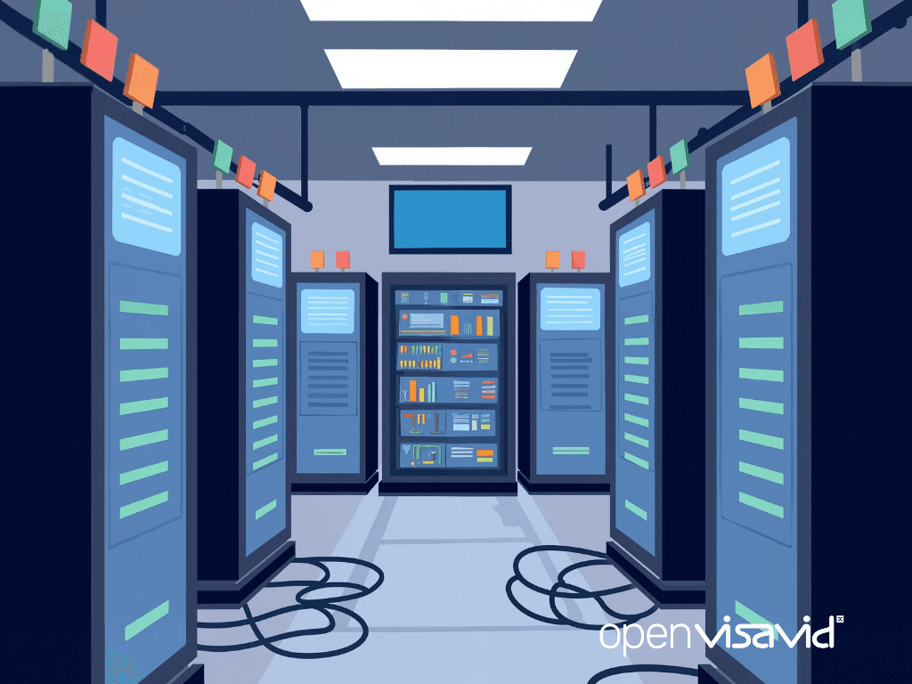Serverraum mit mehreren beleuchteten Server‑Racks, sichtbaren Kabelschleifen auf dem Boden und einem zentralen Monitor, der Netzwerk‑/Datenanzeigen visualisiert. Unten rechts das Logo von openVisavid.