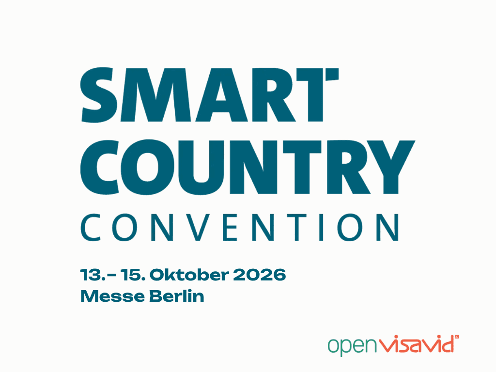 Ankündigung der SMART COUNTRY CONVENTION (13.–15. Oktober 2026, Messe Berlin) mit großem Titellogo in Blau und kleinem openVisavid-Logo unten rechts.